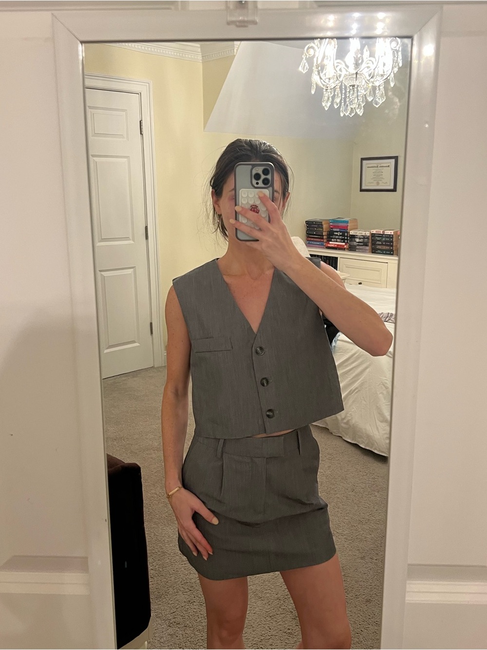 Gray Tailored Mini Skirt and Vest Set